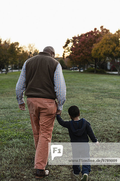 African American father and son walking in park