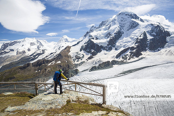 View from the terrace at the Gandegg hut  Monte Rosa group  Zermatt  Canton of Valais  Switzerland  Europe
