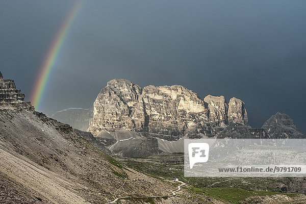 Zwölferkofel with rainbow  view from the Tre Cime di Lavaredo area  Sexten Dolomites  Province of South Tyrol  Italy  Europe