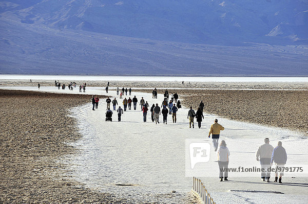 Badwater Basin  huge salt lake  the lowest point in North America  86 m below sea level  Death Valley  Nevada  United States  North America