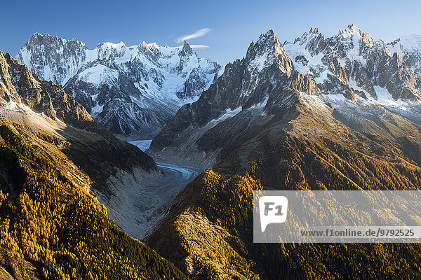 Mont Blanc Massiv mit dem Gletscher Mer de Glace bei Chamonix  Alpen  Frankreich  Europa