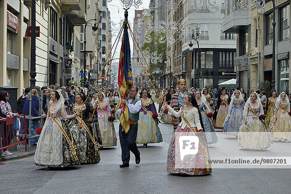 Fallas festival  parade  flower offering  at Plaza de la Virgen de los Desamparados  Valencia  Spain  Europe