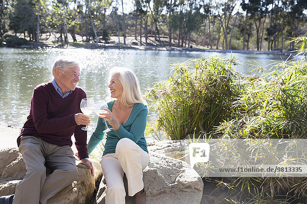 Mann und Frau toasten am See  Hahn Park  Los Angeles  Kalifornien  USA