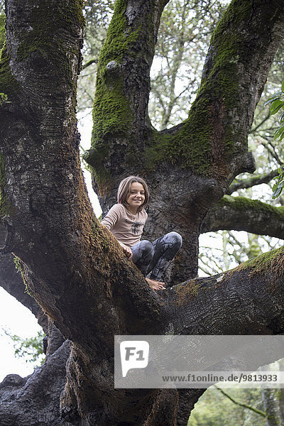 Girl sitting on tree branch