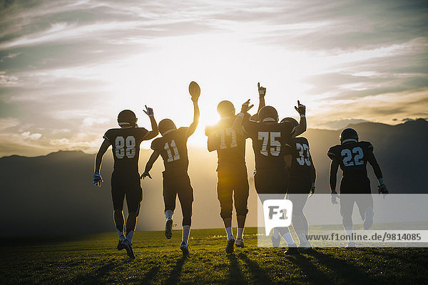 Rear view of teenage and young male american football team celebrating at sunset