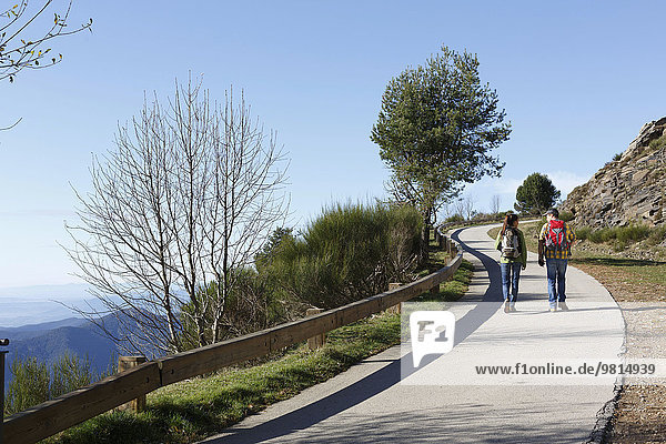 Wanderer auf dem Bürgersteig am Hang  Montseny  Barcelona  Katalonien  Spanien