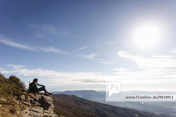Hiker enjoying view from hilltop  Montseny  Barcelona  Catalonia  Spain