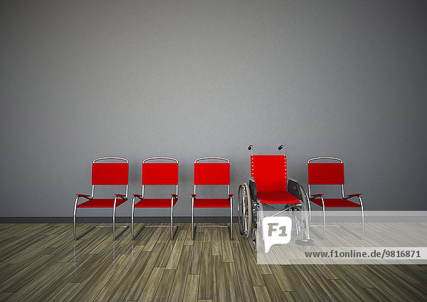 Rote Stühle mit Rollstuhl im Zimmer  3D-Rendering