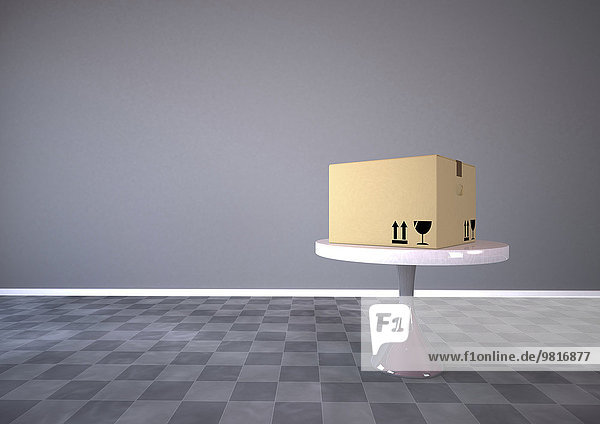 Kartonschachtel auf einem runden Tisch  3D-Rendering