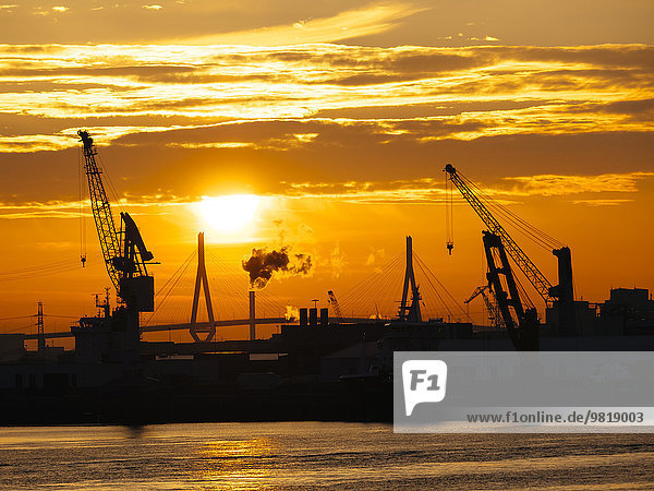 Deutschland  Hamburg  Silhouetten von Hafenkranen bei Sonnenuntergang  Koehlbrandbrücke im Hintergrund