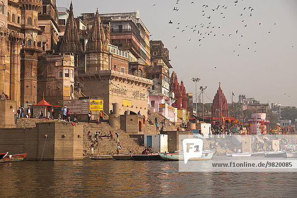 India  Uttar Pradesh  Varanasi  Ghats  boats and Ganges river