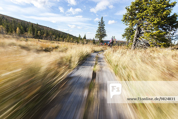 Blurred dirt road  hikers on background