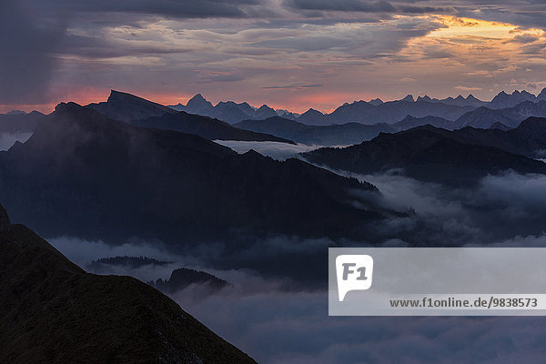Allgäuer Berge mit Nebelmeer bei Sonnenaufgang  Au  Bregenzerwald  Vorarlberg  Österreich  Europa
