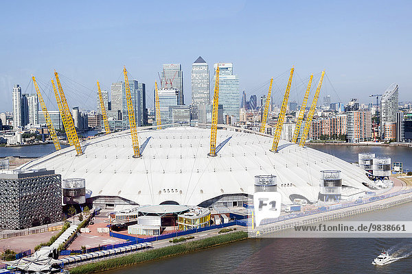 The Dome  Millennium Dome  The O2  with Canary Wharf financial district on the River Thames  London  England  United Kingdom  Europe