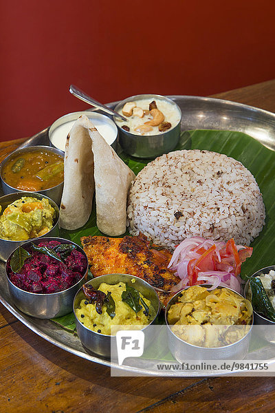 Südindisches Thali  Gourmet Restaurant Malabar Junction  Boutique Hotel Malabar House  Fort Kochi  Kerala  Indien  Asien