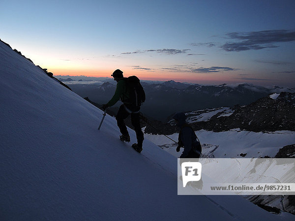 Climbers roped together  silhouette during the ascent to the 3631m Oberaarhorn  dawn  Fieschertal  Canton of Valais  Switzerland  Europe