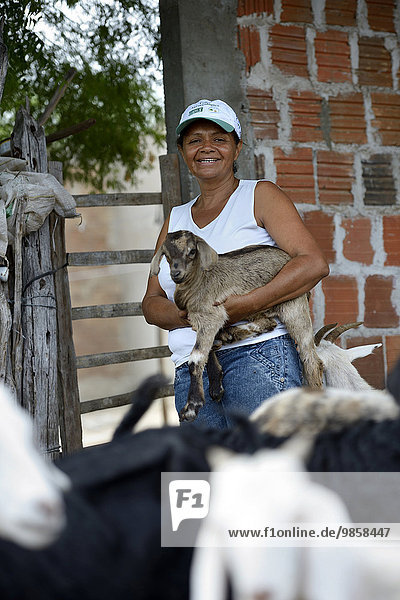Woman holding a goatling  Goat (Capra hircus aegagrus)  Caladinho  Uaua  Bahia  Brazil  South America