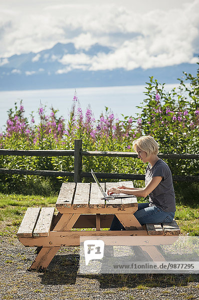 nahe Frau Computer Notebook arbeiten Koch Kenai-Fjords-Nationalpark Meeresarm Kenai-Halbinsel