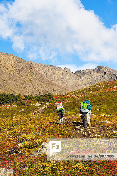 Three backpackers are hiking up the Hidden Lake Trail in the Chugach State Park on an autumn day in Southcentral Alaska.
