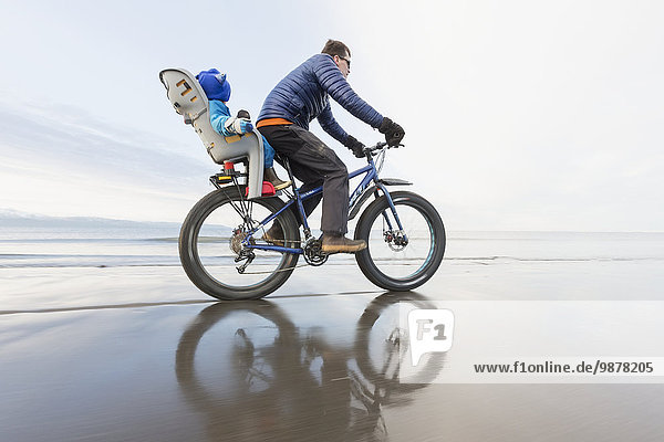 Father and son riding a fat bike on the beach in Homer  Kachemak Bay  Southcentral Alaska