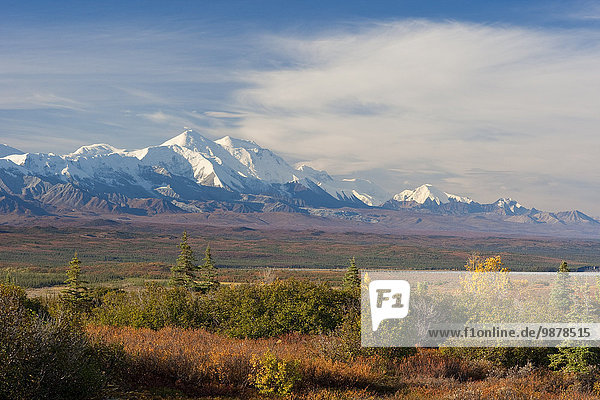 Farbaufnahme Farbe Landschaftlich schön landschaftlich reizvoll Herbst Ansicht Mount McKinley Denali Nationalpark Alaska Tundra