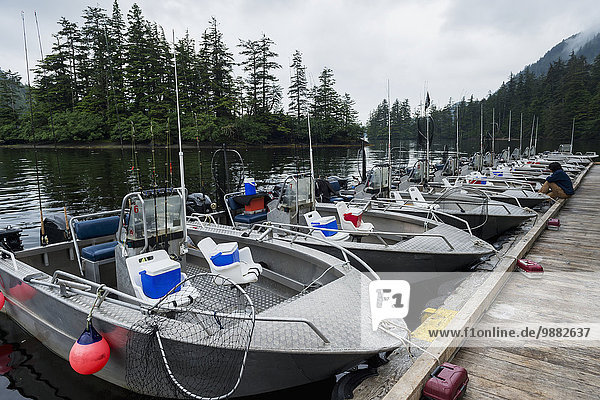 'Fishing boats docked in a line; Queen Charlotte Islands  British Columbia  Canada'