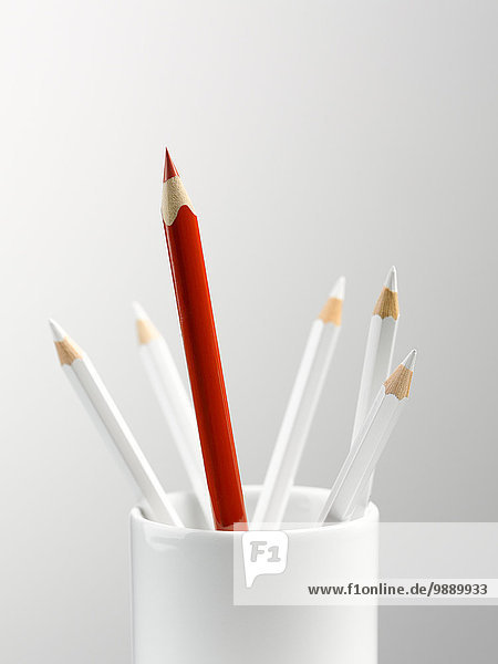 Großer roter Bleistift im Becher mit kleinerem weißen Bleistift-Stilleben