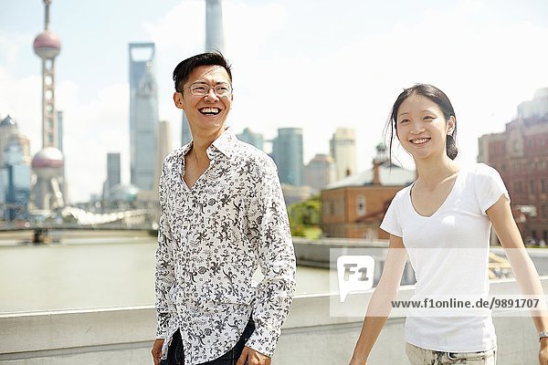 Tourist couple strolling  The Bund  Shanghai  China