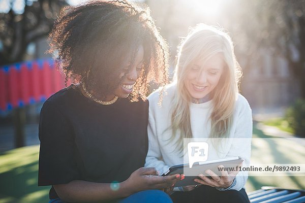 Zwei junge Freundinnen auf der Parkbank beim Betrachten des digitalen Tabletts  Como  Italien