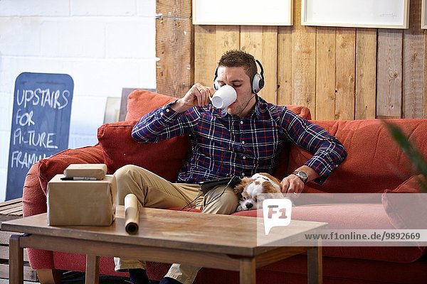 Mittlerer Erwachsener Mann trinkt Kaffee und streichelt Hund im Bilderrahmen-Showroom