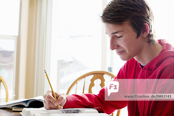 Teenager-Junge macht Hausaufgaben am Esstisch
