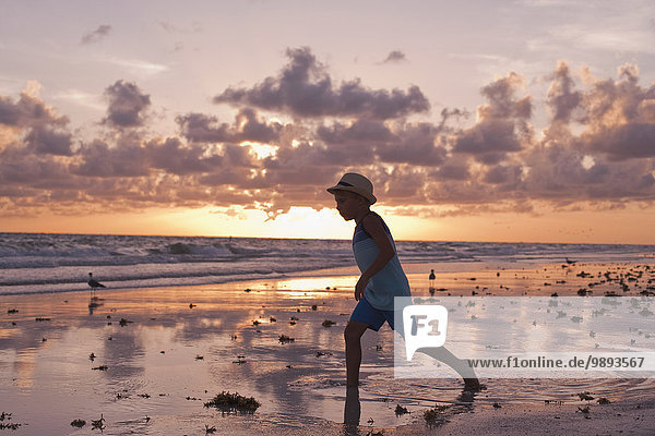 Junge beim Erkunden am Strand bei Sonnenuntergang