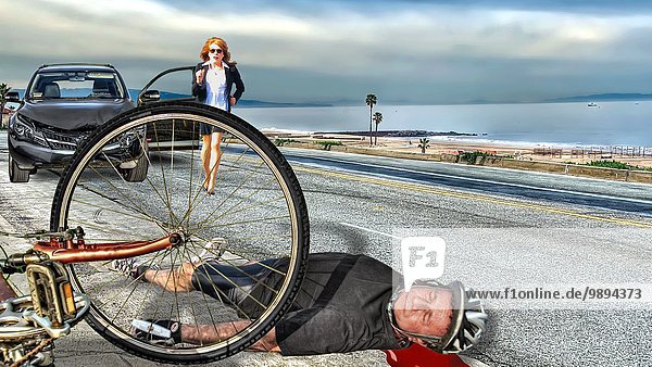 Frau Auto fahren rennen Fahrrad Rad schlagen