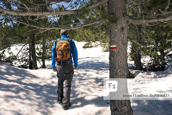 Spain  Catalonia  man with backpack hiking in the Pyrenees in winter