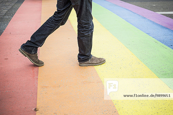 Niederlande  Maastricht  Mann auf Regenbogenfahne auf der Straße gezeichnet