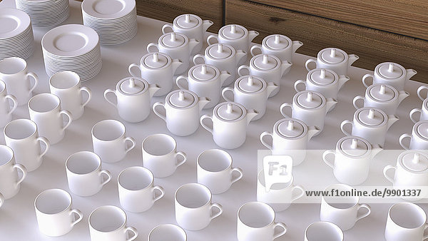 Reihen von weißen Kaffeetassen und Kaffeekannen  3D-Rendering