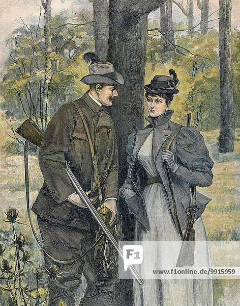 A man and a woman  hunters with guns