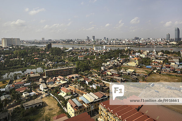 Skyline mit Canadia Bank- und Vatannac Capital Tower  Tonle Sap Fluss  Phnom Penh  Kambodscha  Asien
