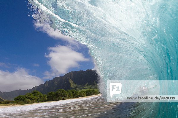 Oberflächenansicht der gekrümmten Meereswelle und des Strandes  Hawaii  USA
