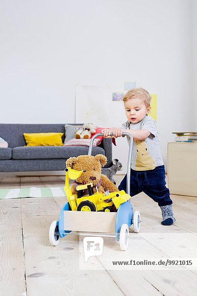 Junge schiebt Spielzeugwagen zu Hause