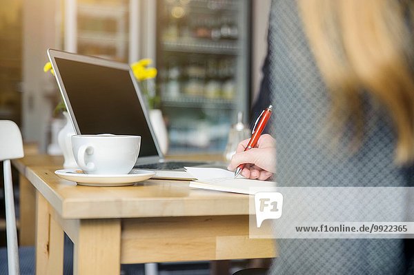 Junge Frau im Café sitzend  mit Laptop  Rückansicht