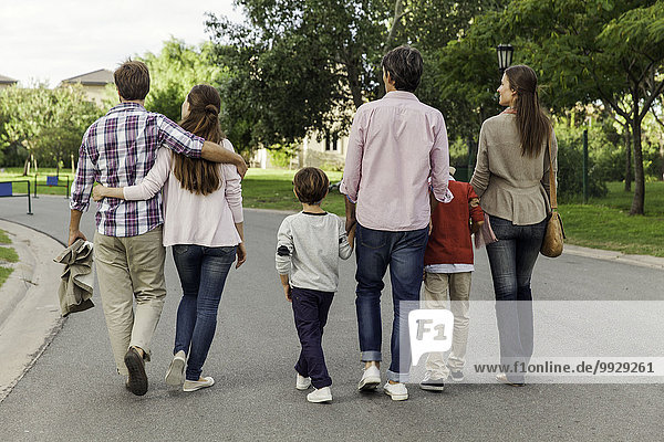 Family walking together in street  rear view