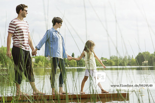 Family holding hands on dock