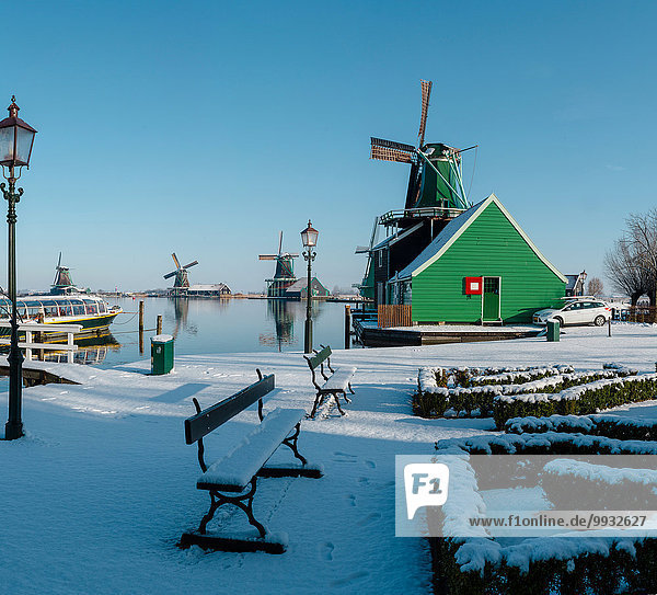 Wasser Europa Winter Eis Niederlande Windmühle Schnee