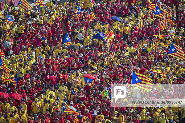Mensch Menschen Fest festlich gelb Großstadt Menschenmenge Geschichte bunt Fahne rot Barcelona Katalonien Demonstration Unabhängigkeit Politik