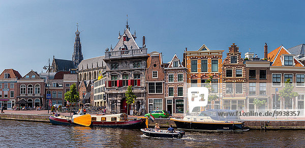Haarlem  Netherlands  Holland  Europe  city  village  water  summer  people  ships  boat  The Weigh house  St. Bavo  -church
