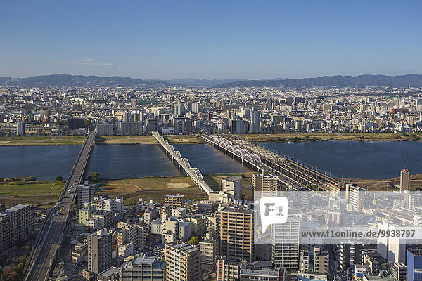 Panorama Landschaft niemand Reise Großstadt Architektur Brücke Fluss Herbst Tourismus Asien Ortsteil Japan Osaka Haltestelle Haltepunkt Station