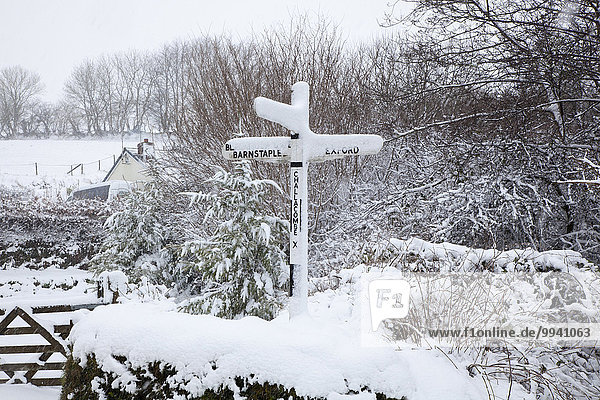 Kälte Europa Schneedecke Winter Wohnhaus Ruhe Baum britisch Großbritannien Landschaft niemand Zeichen weiß monochrom North Devon Eingang Stille Wegweiser Moor England grau Hecke hübsch Straßenrand Signal Schnee schneien