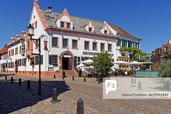 Europe  Germany  Europe  Rhineland-Palatinate  Deidesheim  German wine route  marketplace  Andreas's well  Deidesheimer Hof  hotel  restaurant  architecture  well  gastronomy  building  historical  hotel  person  persons  plants  places  restaurant  place of interest  street  tourism  water  trees  lanterns