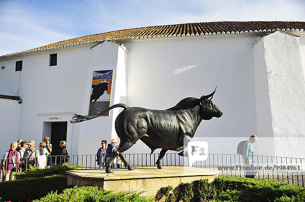 Bull sculpture in front of the bullring  Ronda  Andalucía  Spain  Europe